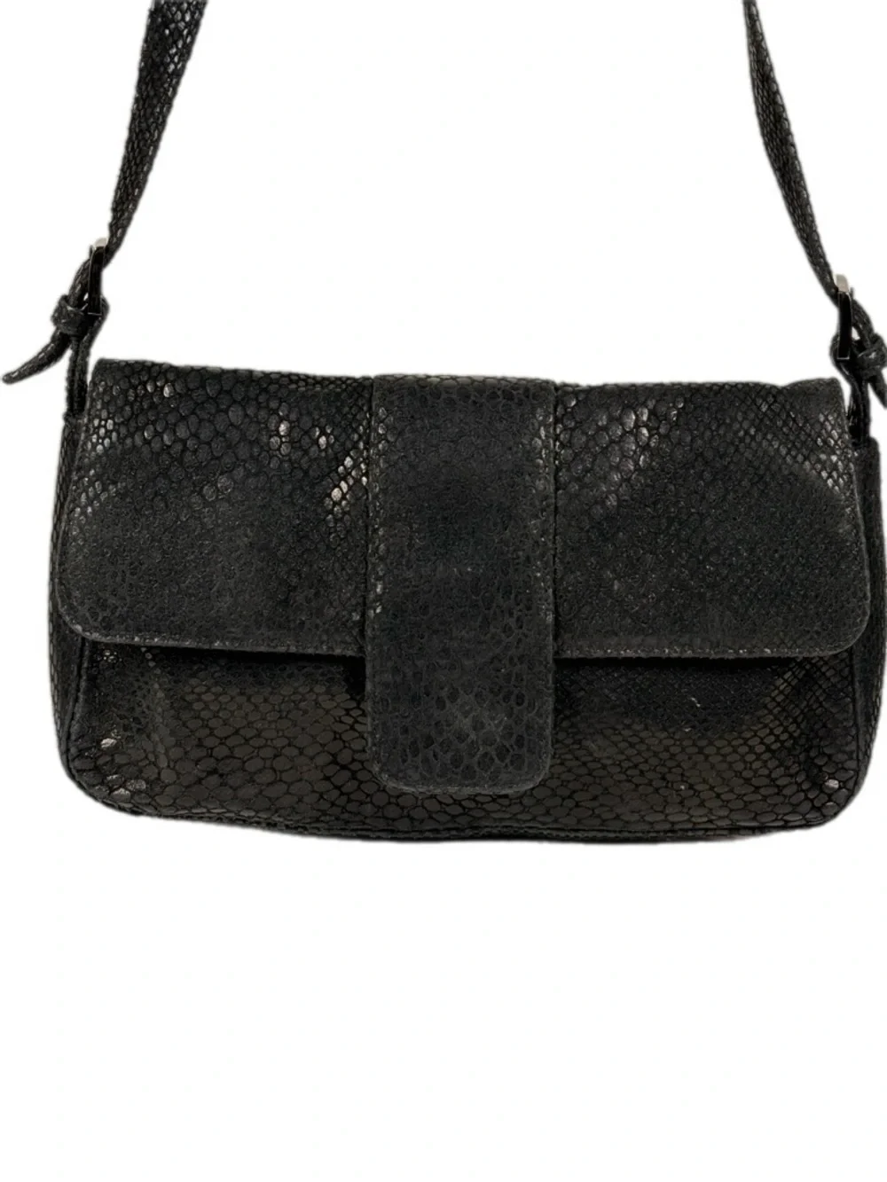Studio Imports | Textured Black Shoulder Bag Flap Closure Snakeskin print